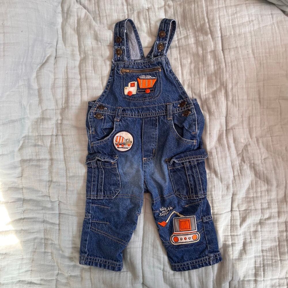 Vintage boys denim overalls construction appliques 12 months